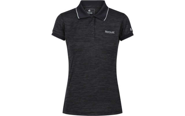 Dunkelgraues meliertes Damen-Polo mit kurzen Ärmeln, drei Knöpfen, Kragen mit weißer Paspel, kleines Logo auf linker Brust, kleiner Aufnäher am linken Ärmel