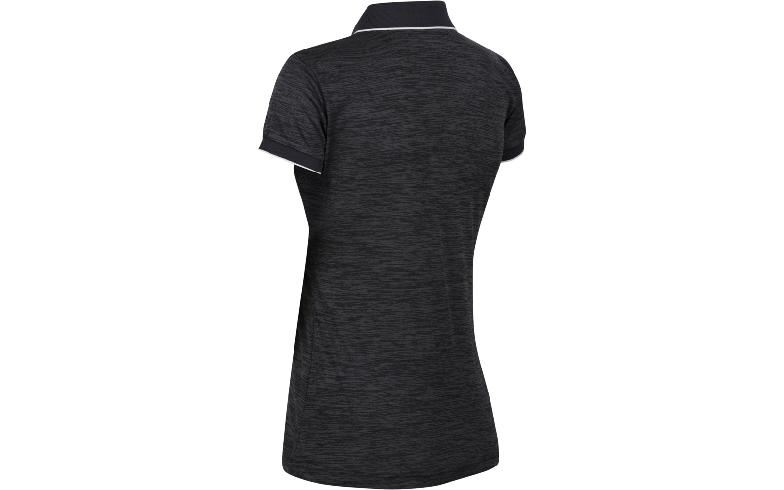 Tailliertes dunkelgraues meliertes Poloshirt, Rückansicht, kurze Ärmel, schwarzer Kragen mit weißer Kante an Kragen und Ärmelabschlüssen