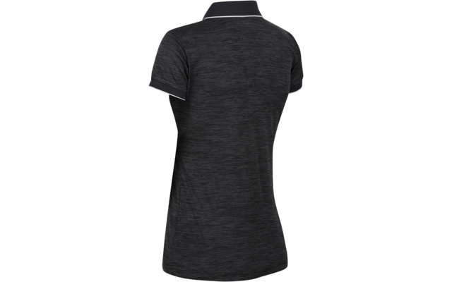 Tailliertes dunkelgraues meliertes Poloshirt, Rückansicht, kurze Ärmel, schwarzer Kragen mit weißer Kante an Kragen und Ärmelabschlüssen