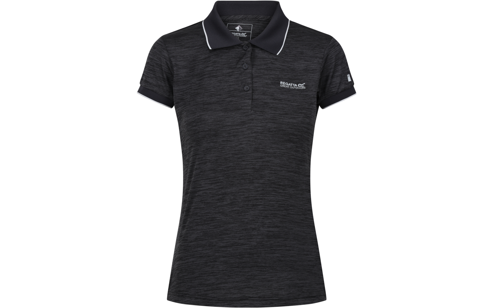 Dunkelgraues meliertes Damen-Polo mit kurzen Ärmeln, drei Knöpfen, Kragen mit weißer Paspel, kleines Logo auf linker Brust, kleiner Aufnäher am linken Ärmel