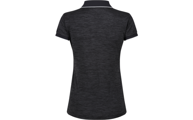 Rückansicht eines dunkelgrauen, melierten Kurzarm-Poloshirts mit weißer Paspel am Kragen