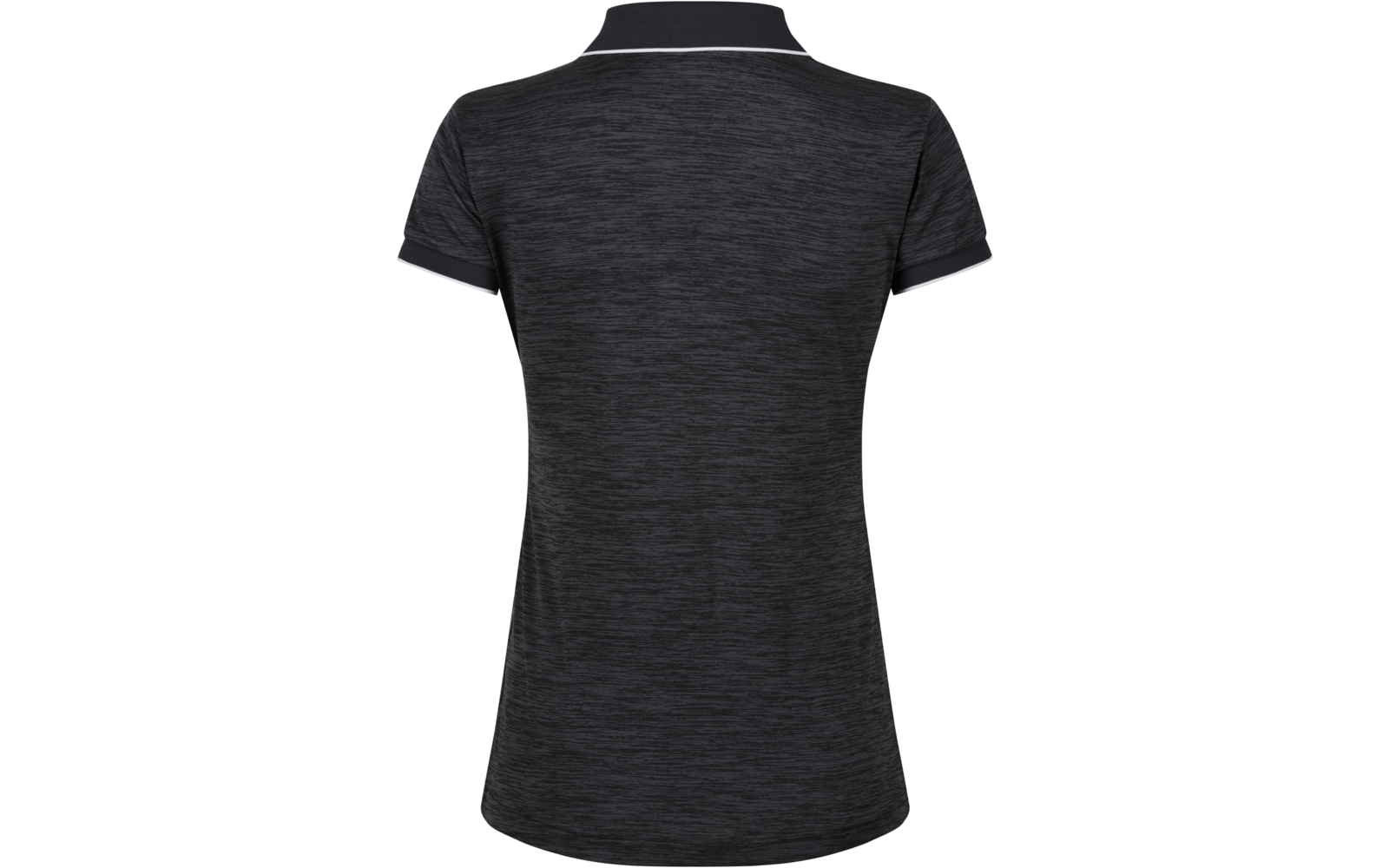Rückansicht eines dunkelgrauen, melierten Kurzarm-Poloshirts mit weißer Paspel am Kragen