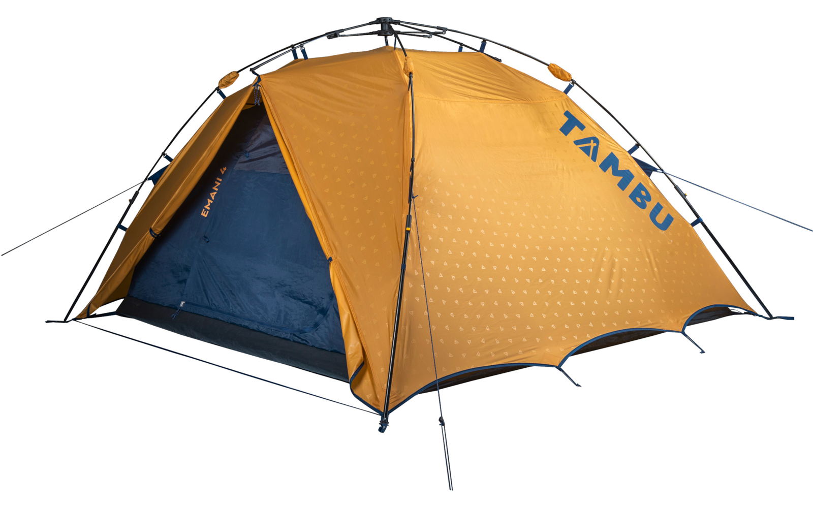 Gelb-orangees Kuppelzelt mit offenem Eingang, blauem Innenraum, sichtbaren Zeltstangen, Abspannleinen und schwarzem Boden, weißer Hintergrund, Aufschrift TAMBU an der Seite