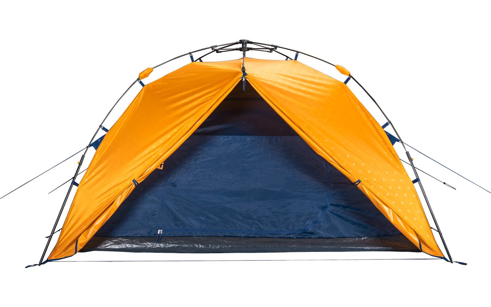 Orange-blaues Kuppelzelt mit offenem Eingang, sichtbaren Zeltstangen und Bodenplane vor weißem Hintergrund