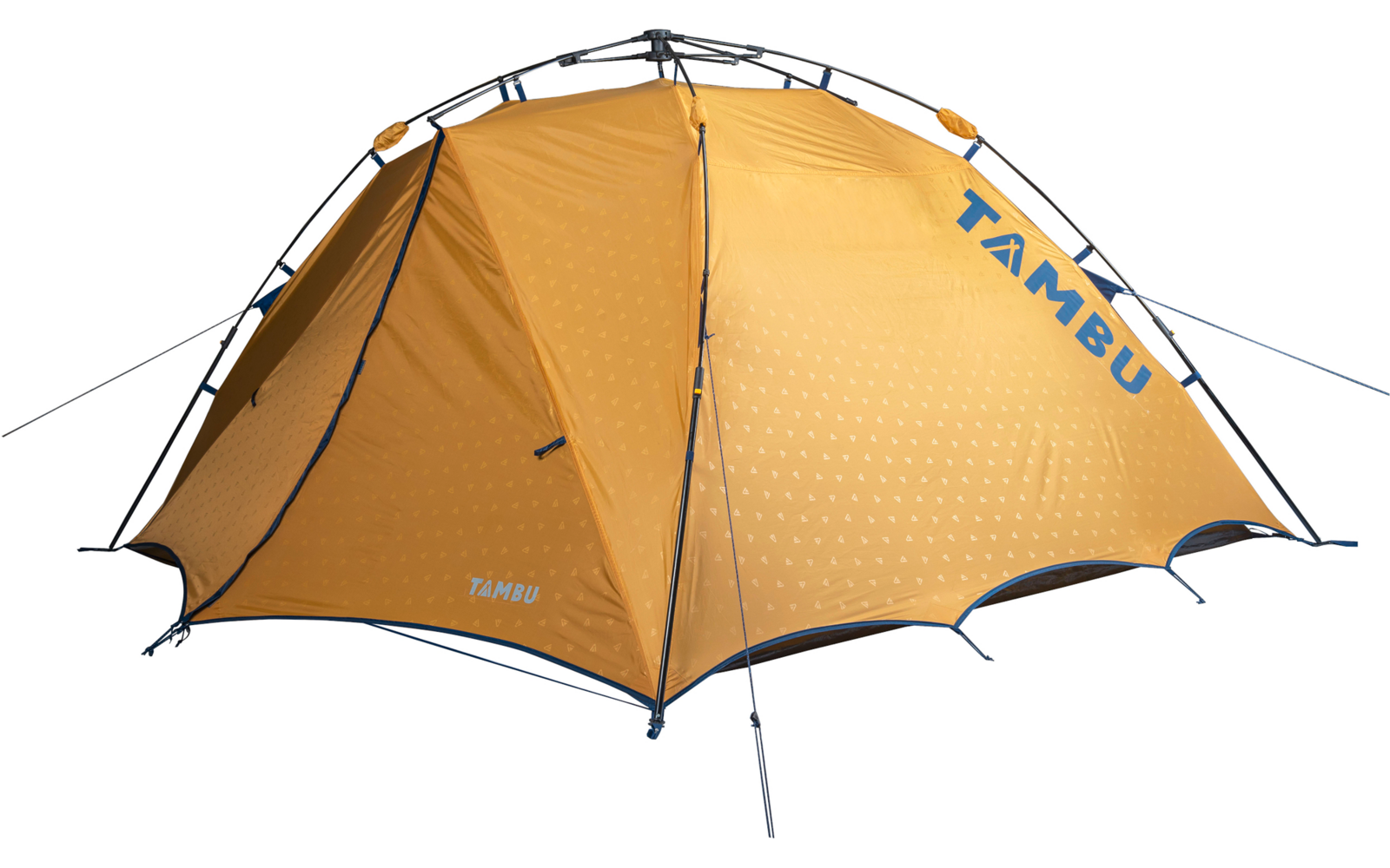 Orange-gelbes Zelt mit gekreuzten Stangen, Abspannleinen und Aufdruck TAMBU auf der Seite, auf weißem Hintergrund