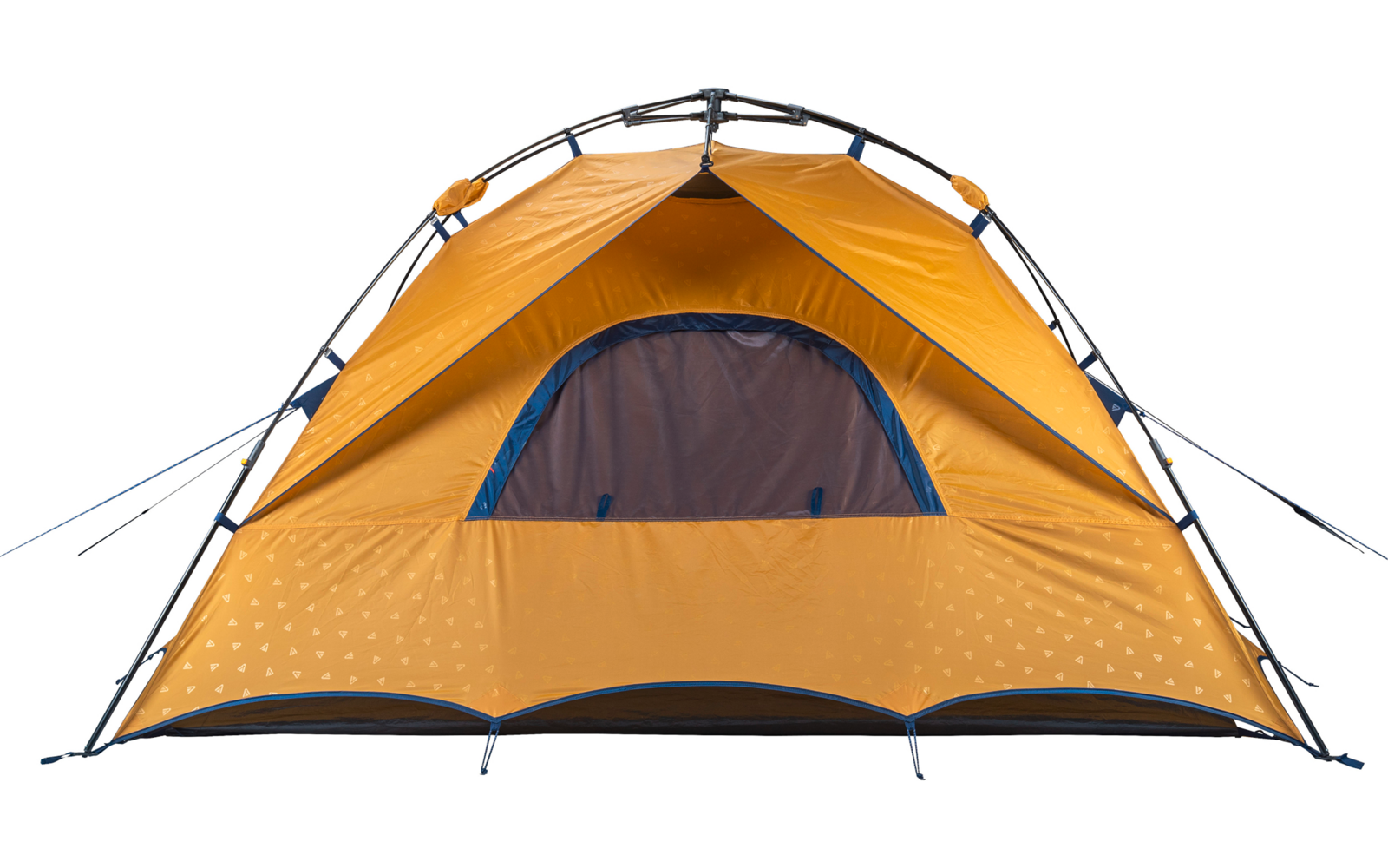 Orange-gelbes Kuppelzelt mit sichtbarem Gestänge und dunkelblauer Eingangsöffnung, vor weißem Hintergrund