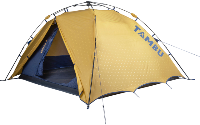 Yellow‑orange dome tent with open front entrance showing dark interior, blue floor, tent poles, guy lines and the word "TAMBU" on the side