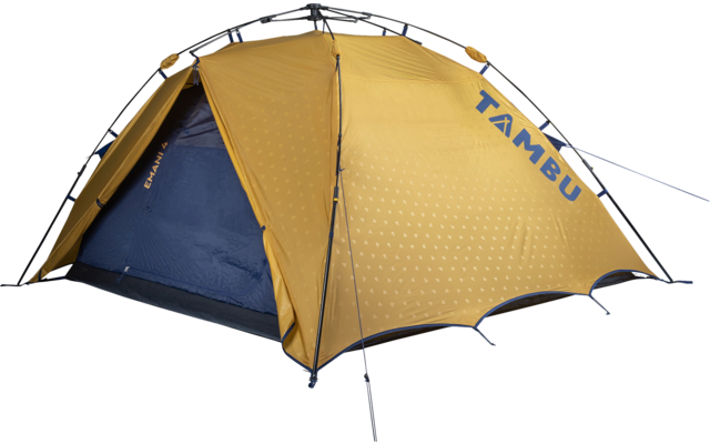 Yellow-orange dome tent with open entrance showing blue interior, visible poles, guy lines and black floor, white background, TAMBU text on the side