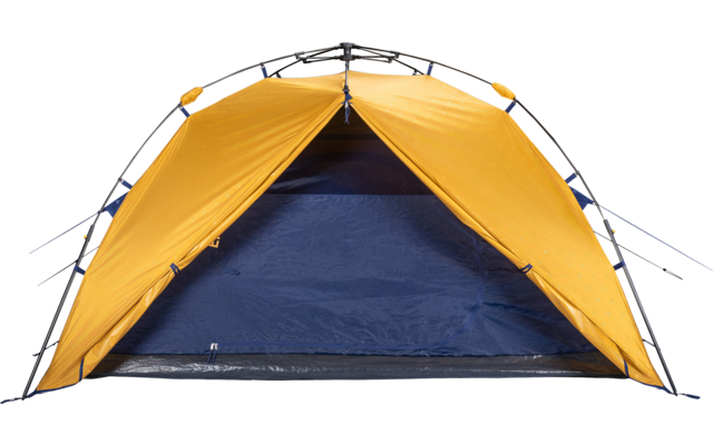 Orange-and-blue dome tent with open entrance, visible poles and groundsheet on a white background
