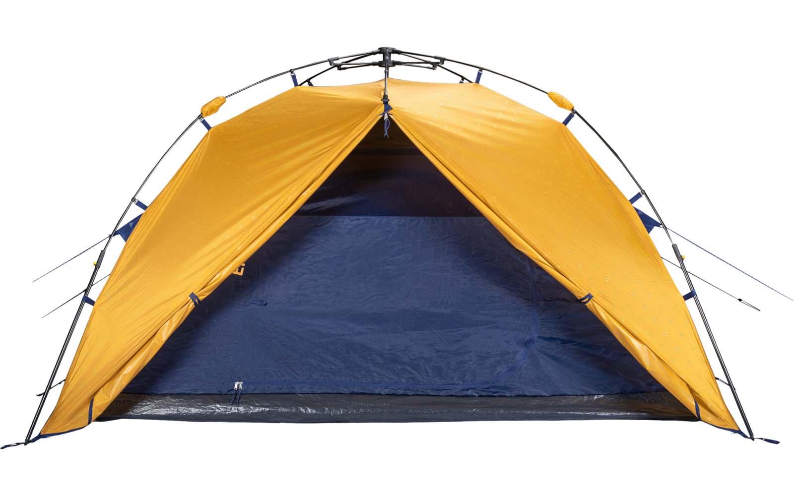Orange-and-blue dome tent with open entrance, visible poles and groundsheet on a white background