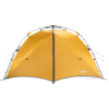 Front view of an orange dome tent with black poles, central zipper, small dotted pattern, guy lines, and 'TAMBU' logo at lower right on a white background