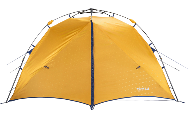 Front view of an orange dome tent with black poles, central zipper, small dotted pattern, guy lines, and 'TAMBU' logo at lower right on a white background