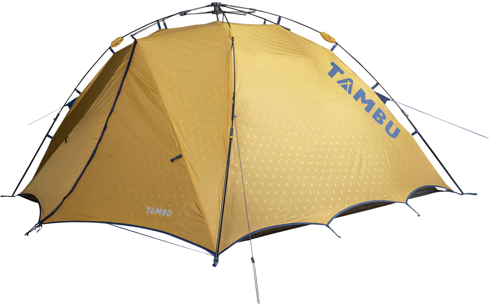 Orange-yellow tent with crossed poles, guy lines and the text TAMBU on the side, on a white background