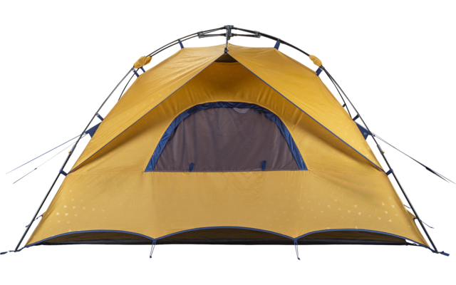 Orange-yellow dome tent with visible poles and a dark blue entrance opening, on a white background