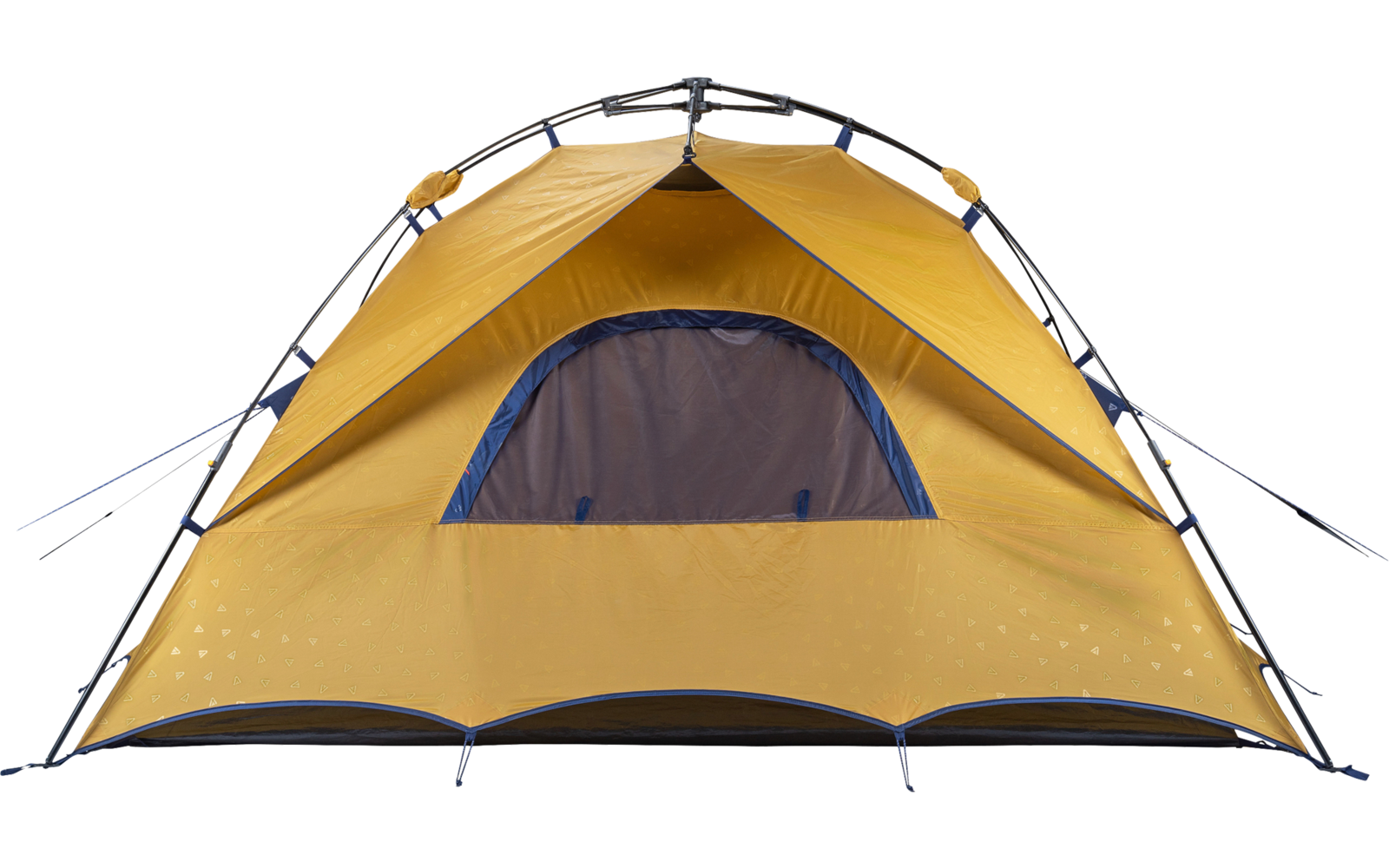 Orange-yellow dome tent with visible poles and a dark blue entrance opening, on a white background