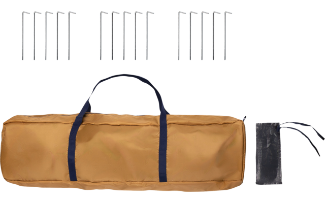 Orange bag with two dark handles, a small black drawstring pouch to its right, and several metal rods with hooked ends above