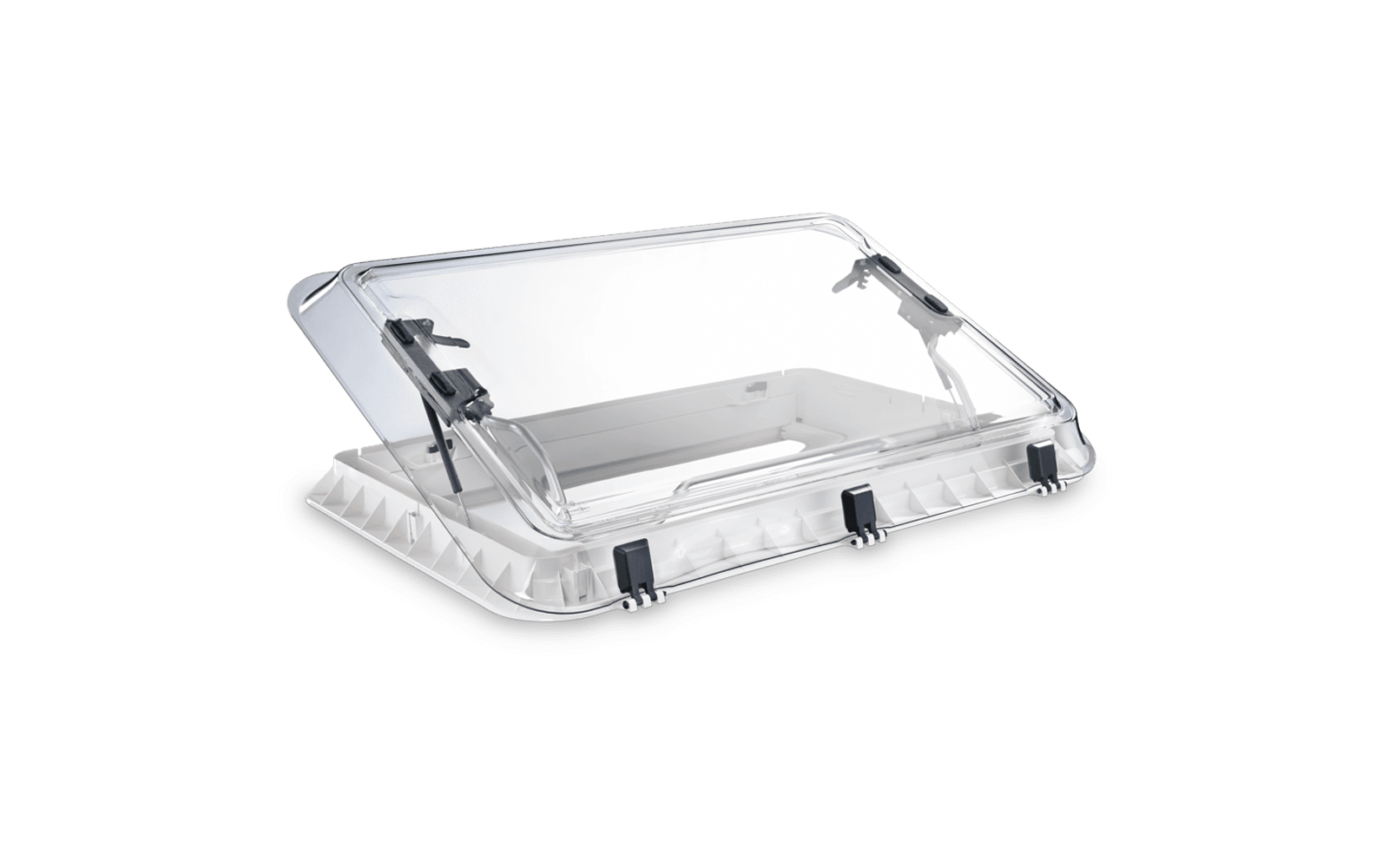 Trappe rectangulaire transparente en plastique avec couvercle articulé, cadre blanc nervuré, quatre loquets noirs à l'avant et charnières latérales