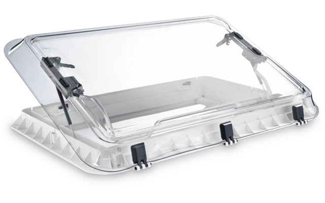 Trappe rectangulaire transparente en plastique avec couvercle articulé, cadre blanc nervuré, quatre loquets noirs à l'avant et charnières latérales