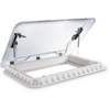 Cadre rectangulaire en plastique blanc avec couvercle transparent ouvert sur charnières, deux vérins à gaz, fixations métalliques et bord extérieur cranté