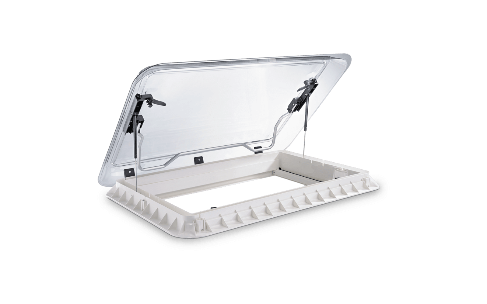 Cadre rectangulaire en plastique blanc avec couvercle transparent ouvert sur charnières, deux vérins à gaz, fixations métalliques et bord extérieur cranté