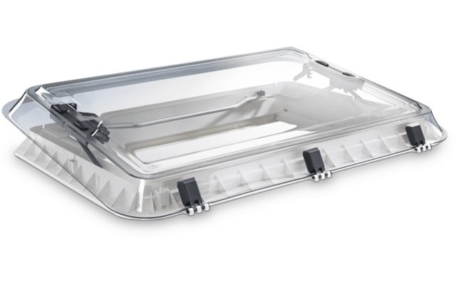Couvercle rectangulaire en plastique transparent avec quatre clips noirs