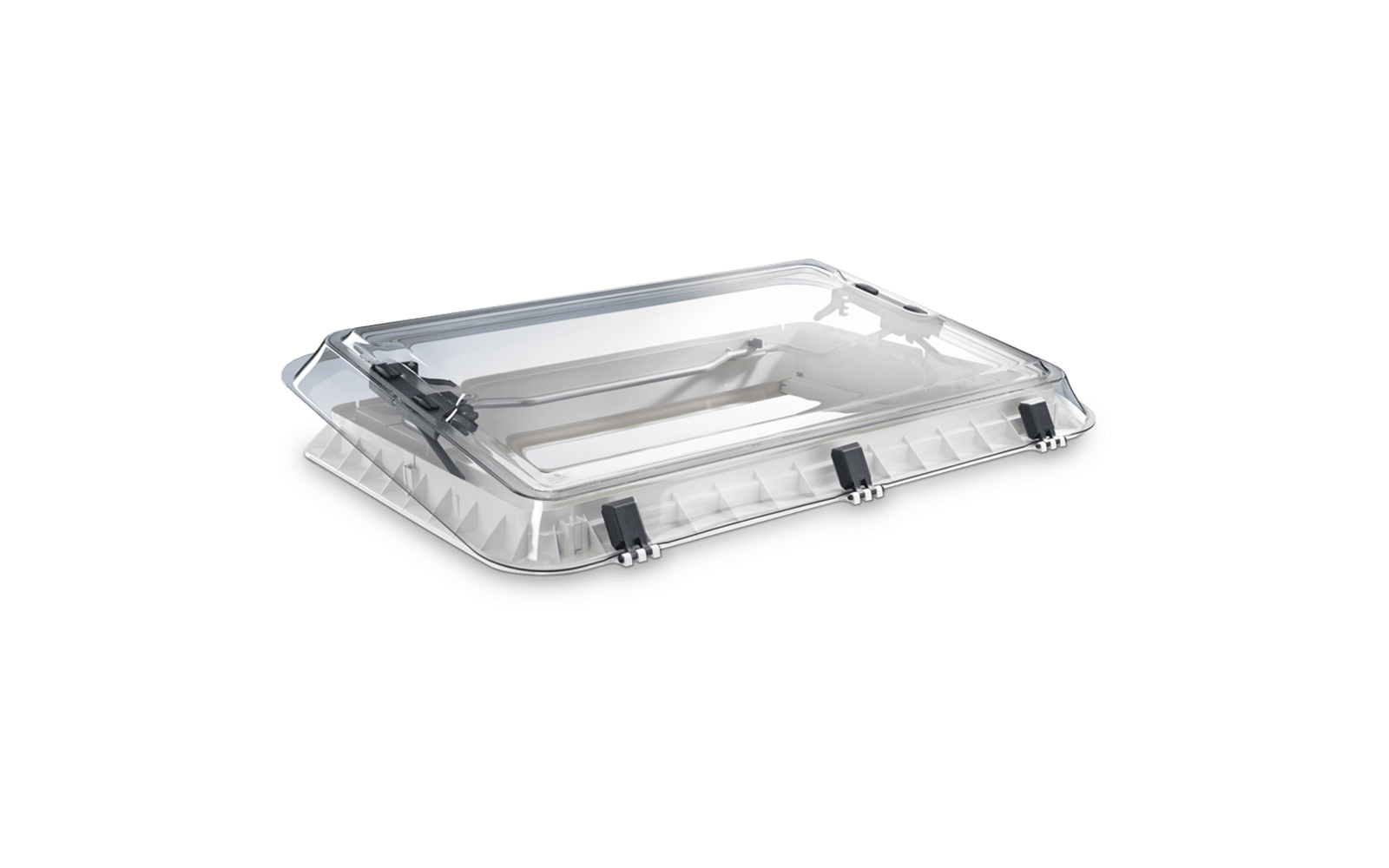 Couvercle rectangulaire en plastique transparent avec quatre clips noirs