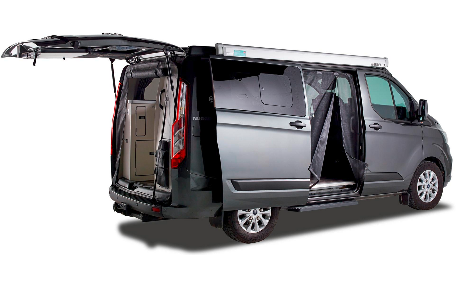 Grauer Transporter mit offenen Hecktüren