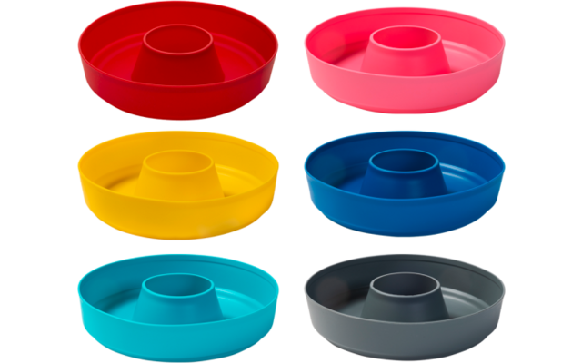 Six round bowls with a raised central section, arranged in two columns and three rows; colors: red, pink, yellow, blue, turquoise, gray
