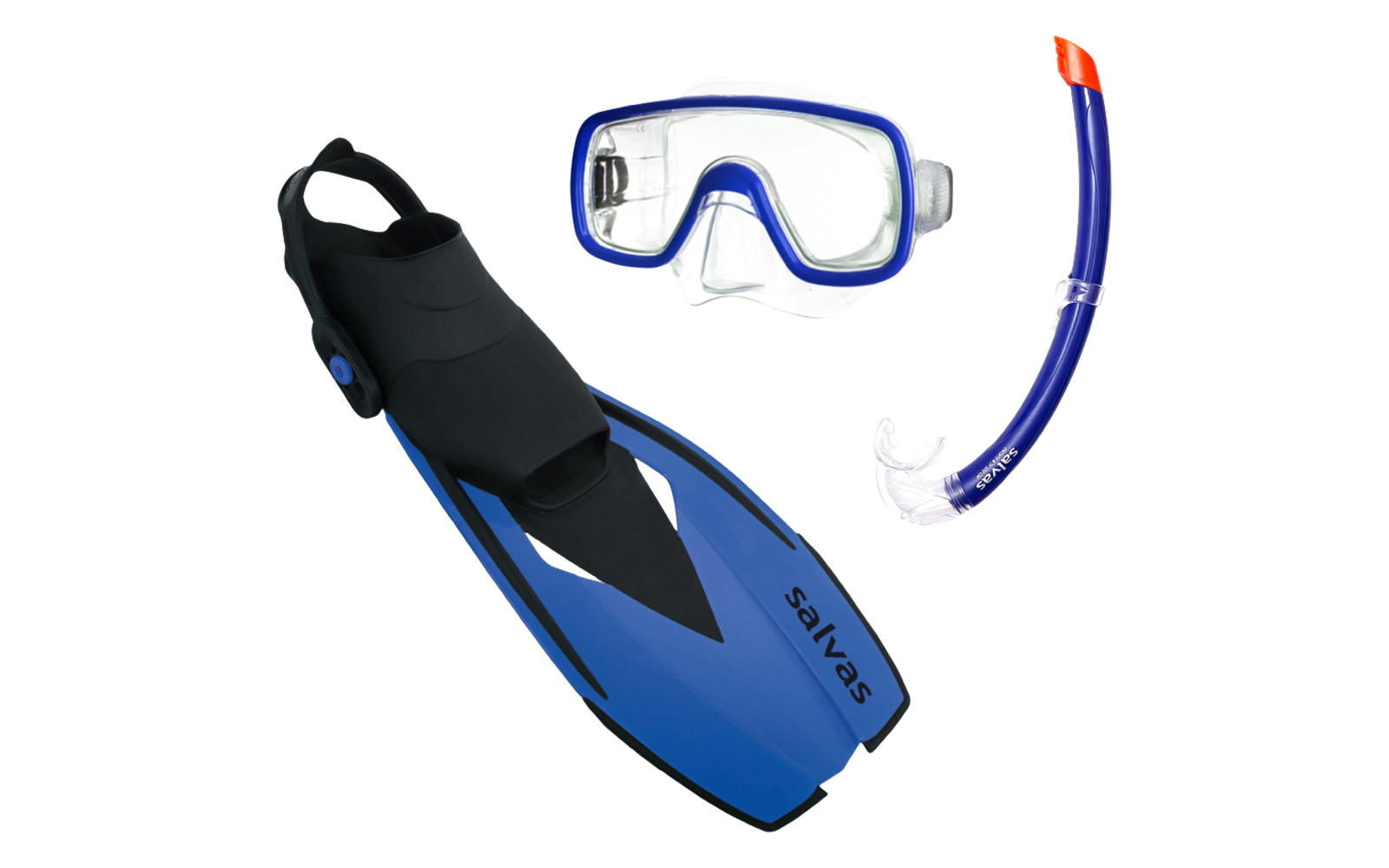 Tauchausrüstung bestehend aus einer blauen Flosse, einer Taucherbrille mit klarem Glas und einem Schnorchel mit orangefarbener Spitze