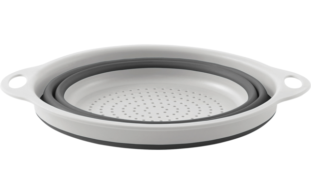 Runder, zusammenklappbarer Silikondeckel in Grau mit weißem Rand