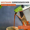 Cafetière moka en métal versant du café dans une petite tasse ; en haut le texte 'WESTMARK ESPRESSOKOCHER' et encarts orange