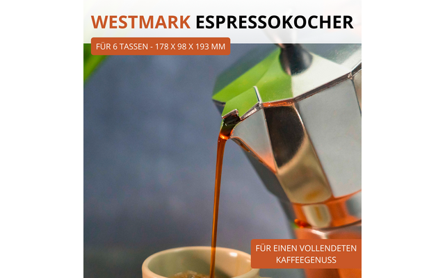 Cafetière moka en métal versant du café dans une petite tasse ; en haut le texte 'WESTMARK ESPRESSOKOCHER' et encarts orange