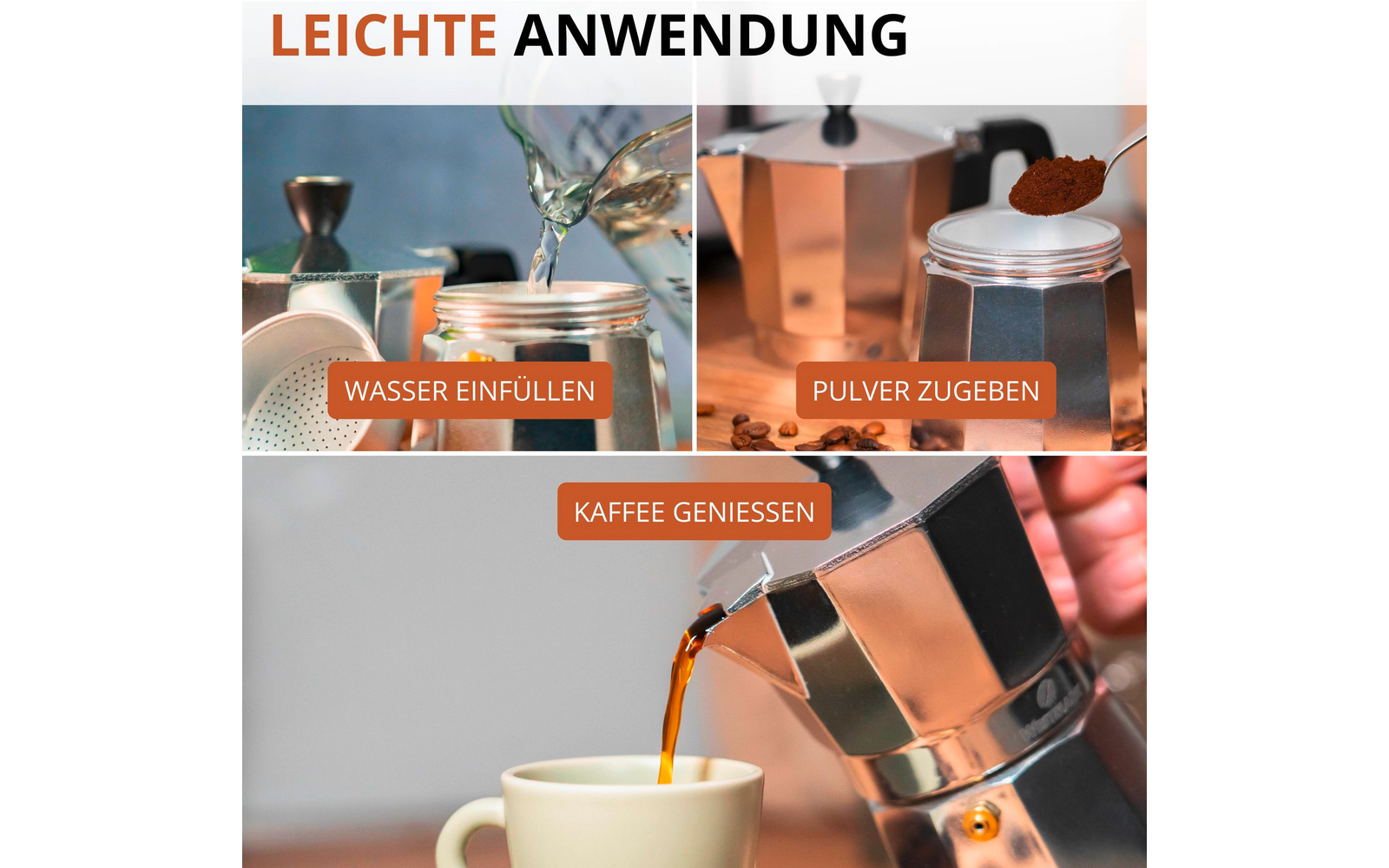 Trois vignettes : en haut à gauche de l'eau versée d'une carafe dans une cafetière italienne métallique ouverte ; en haut à droite une cuillère contenant du café moulu au‑dessus de la cafetière ouverte, grains de café à côté ; en bas le café versé de la cafetière dans une tasse blanche. Texte en haut 'LEICHTE ANWENDUNG' et boutons orange 'WASSER EINFÜLLEN', 'PULVER ZUGEBEN', 'KAFFEE GENIESSEN'