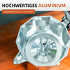 Cafetière moka ouverte, polie, en aluminium à huit faces vue de dessus sur une surface en bois ; en haut, une bannière grise et orange porte le texte "HOCHWERTIGES ALUMINIUM" et un encadré orange "LEBENSMITTELECHT & POLIERT"