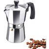 Cafetière moka argentée avec poignée noire sur fond blanc, grains de café en bas à droite