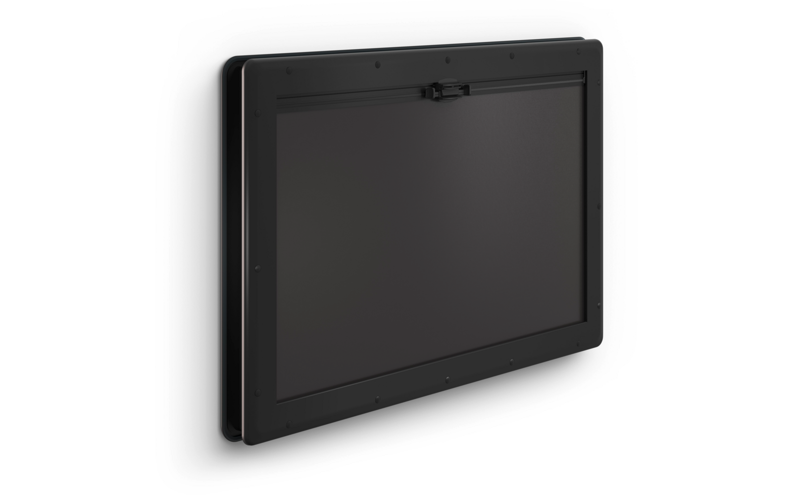 Schwarzes rechteckiges Panel mit dunkler Fläche, umlaufendem Rahmen und einem Verschluss oben mittig