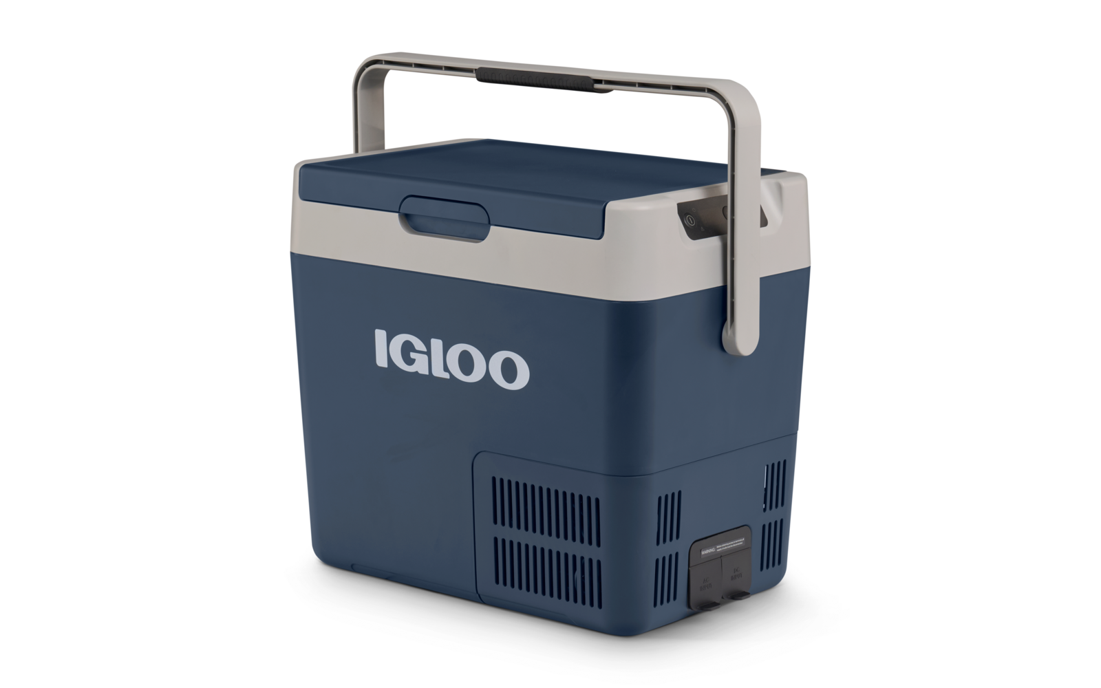 Blaue und graue Kühlbox mit Tragegriff und der Aufschrift 'IGLOO'