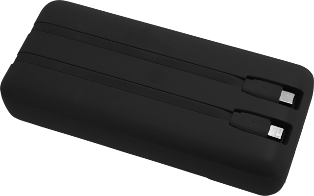 Schwarzes, rechteckiges Gerät mit abgerundeten Ecken, zwei im Gehäuse eingelassene kurze Kabel mit Steckern und drei Längsrillen auf der Oberseite