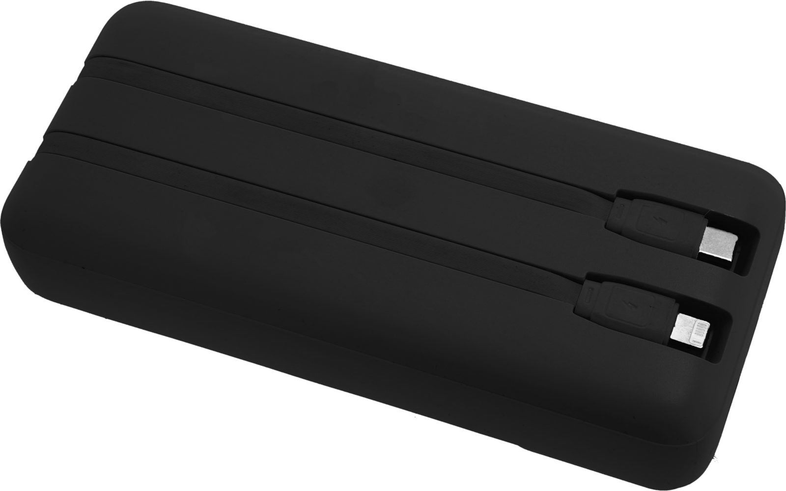 Schwarzes, rechteckiges Gerät mit abgerundeten Ecken, zwei im Gehäuse eingelassene kurze Kabel mit Steckern und drei Längsrillen auf der Oberseite