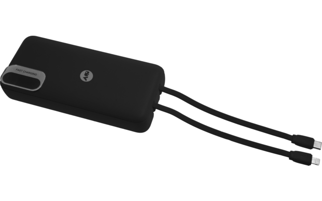 Schwarze rechteckige Powerbank mit abgerundeten Ecken, Logo oben und zwei kurzen schwarzen Ladekabeln mit Metallsteckern