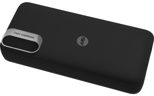 Schwarzes, rechteckiges Gerät mit abgerundeten Ecken; links oben silberner ovaler Bereich mit der Aufschrift 'FAST CHARGING'; mittig rundes Logo