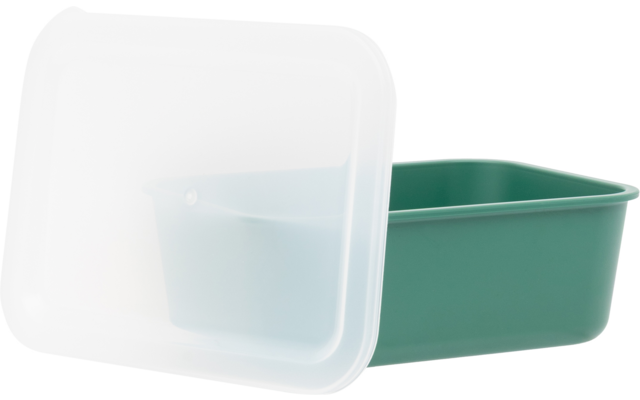 Rechthoekige groene plastic bak met een halfdoorzichtige witte deksel ernaast
