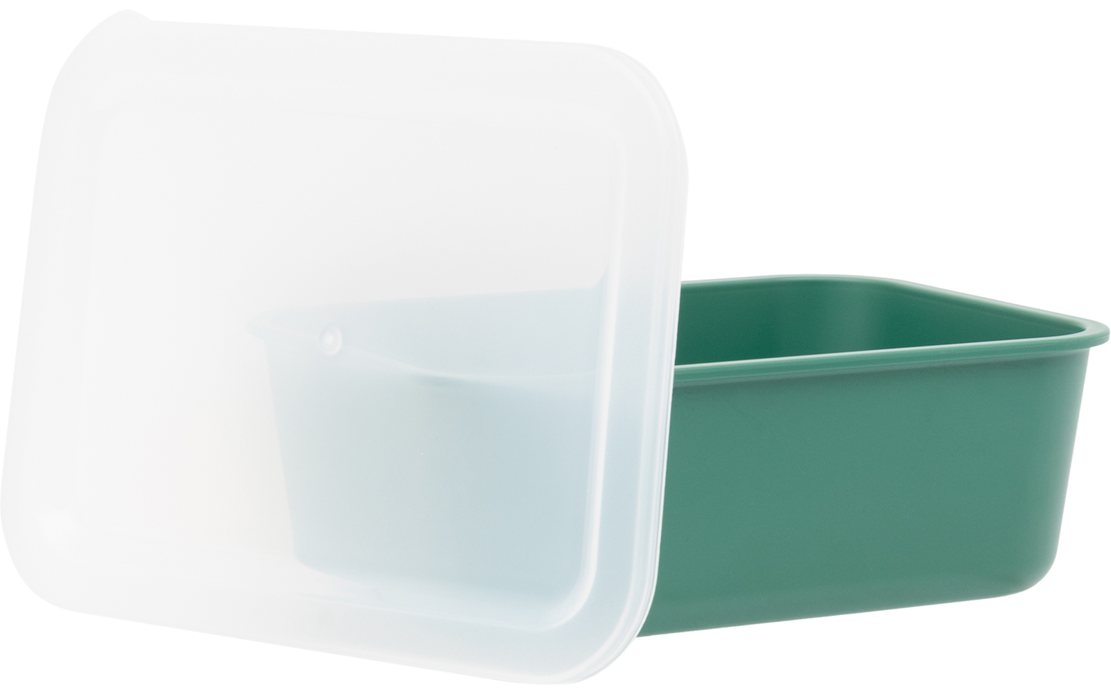 Rechthoekige groene plastic bak met een halfdoorzichtige witte deksel ernaast