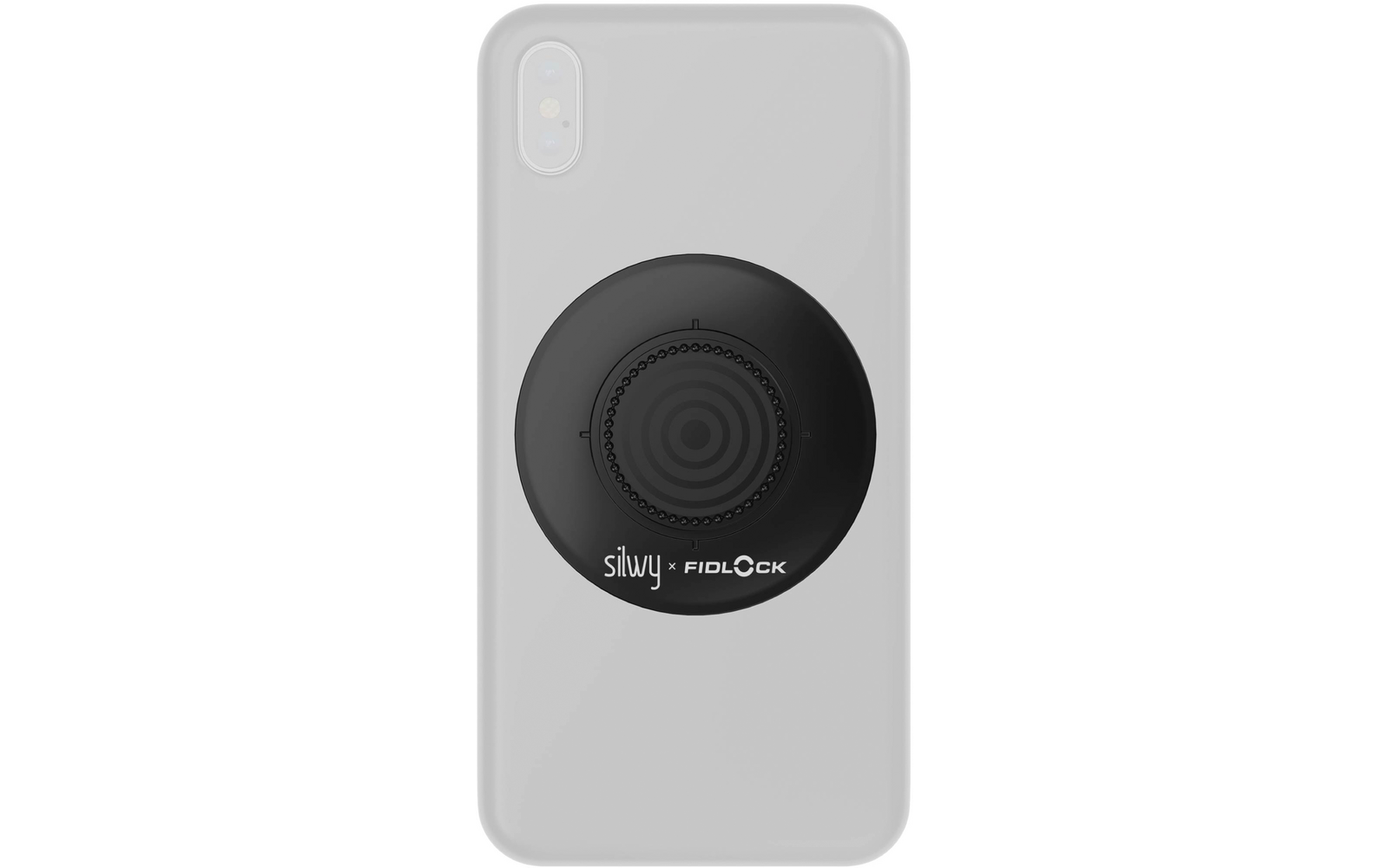 Hellgraue Smartphone-Rückseite mit vertikaler Dual-Kamera links oben und rundem schwarzem Objekt mittig mit konzentrischen Ringen und Aufdruck silwy x FIDLOCK