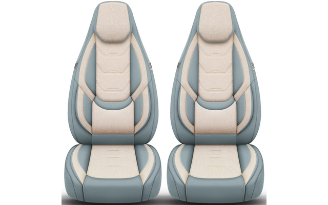 Zwei gepolsterte Autositze nebeneinander, hellbeiger Stoff mit graublauem Rand und integrierten Kopfstützen