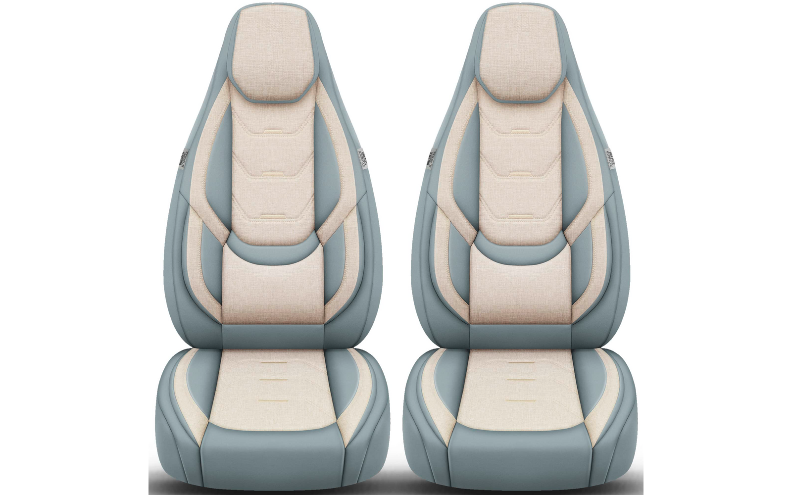 Zwei gepolsterte Autositze nebeneinander, hellbeiger Stoff mit graublauem Rand und integrierten Kopfstützen