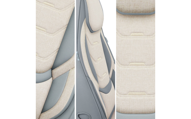 Dreiteiliges Bild mit Nahaufnahmen beige gepolsterter Stoffoberfläche, rechteckigen Polstervertiefungen, sichtbaren Nähten und grauen Kunststoffkanten