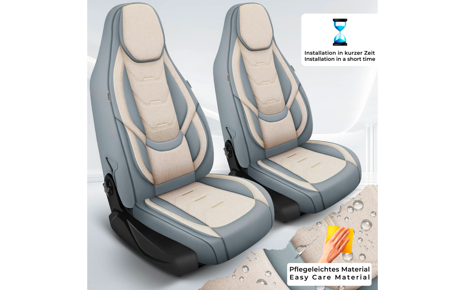 Zwei gepolsterte Sitze in Hellgrau und Beige mit schwarzem Sockel; rechts oben Sanduhrgrafik mit Text; rechts unten Hand wischt Material mit Wassertropfen und Text