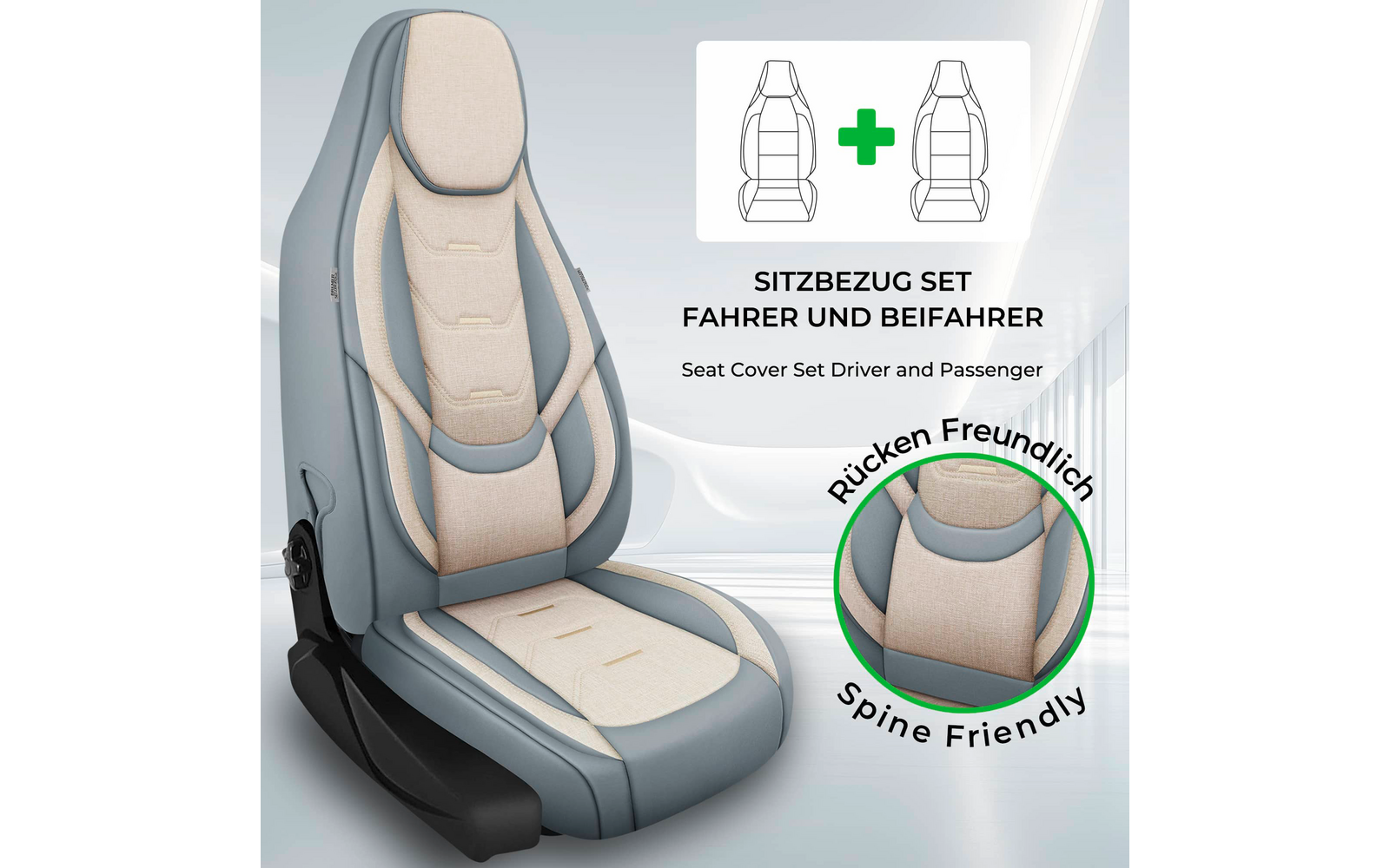 Hellgrau-blaues Autositzbezug mit beigen Polsterflächen auf einem Einzelsitz; oben rechts Piktogramm zweier Sitze mit Pluszeichen und Text 'SITZBEZUG SET FAHRER UND BEIFAHRER' und 'Seat Cover Set Driver and Passenger'; kreisförmige Detailansicht mit 
