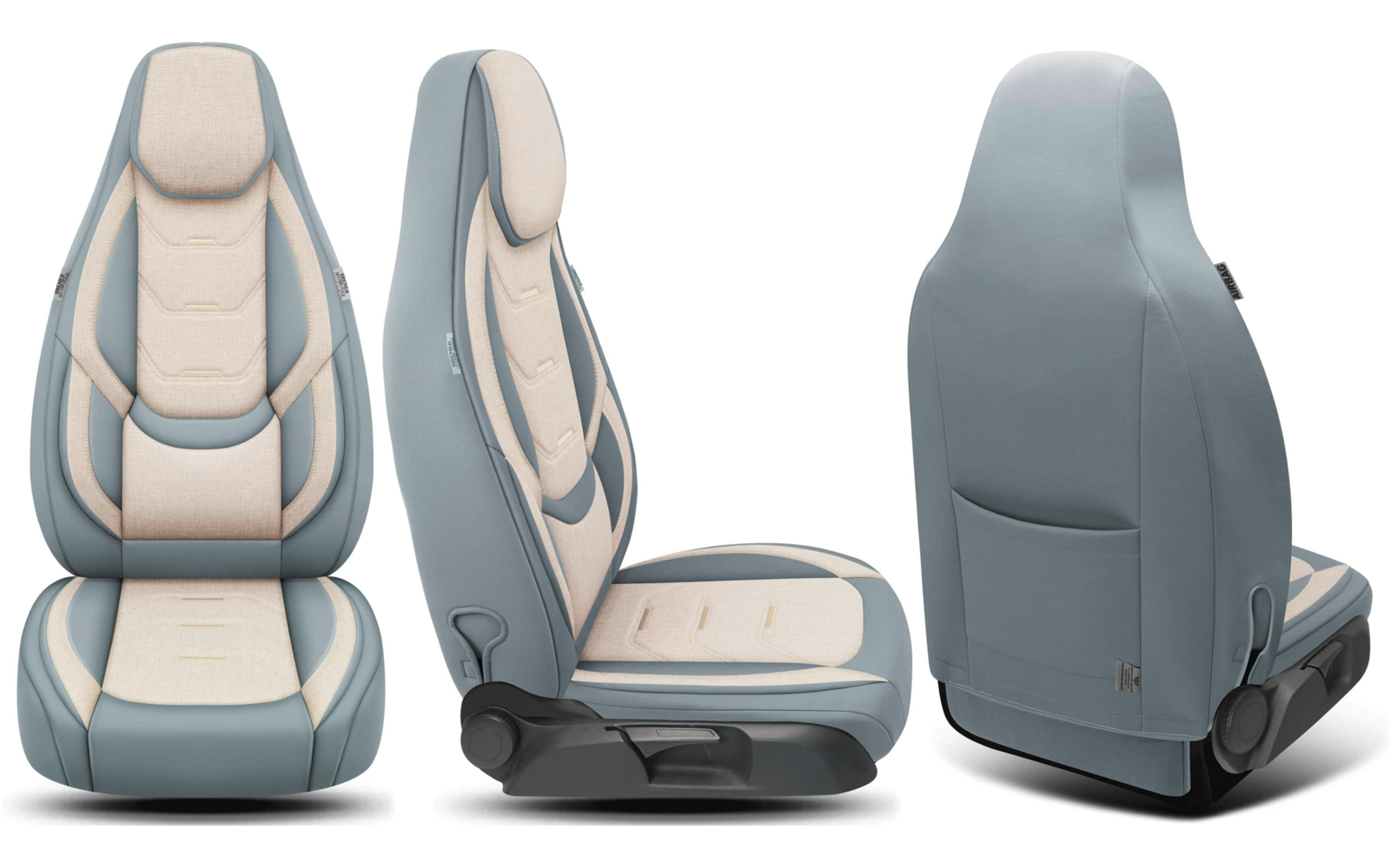 Drei Ansichten eines hellblau-beigen Autositzes: Vorderansicht, Seitenansicht, Rückansicht
